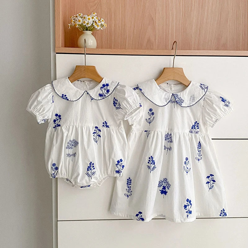 Summer New Style 2-6Y Girl Dress Korean Embroidered Short Sleeve Baby Clothes Children's Dress Girls Retro Sister Dress