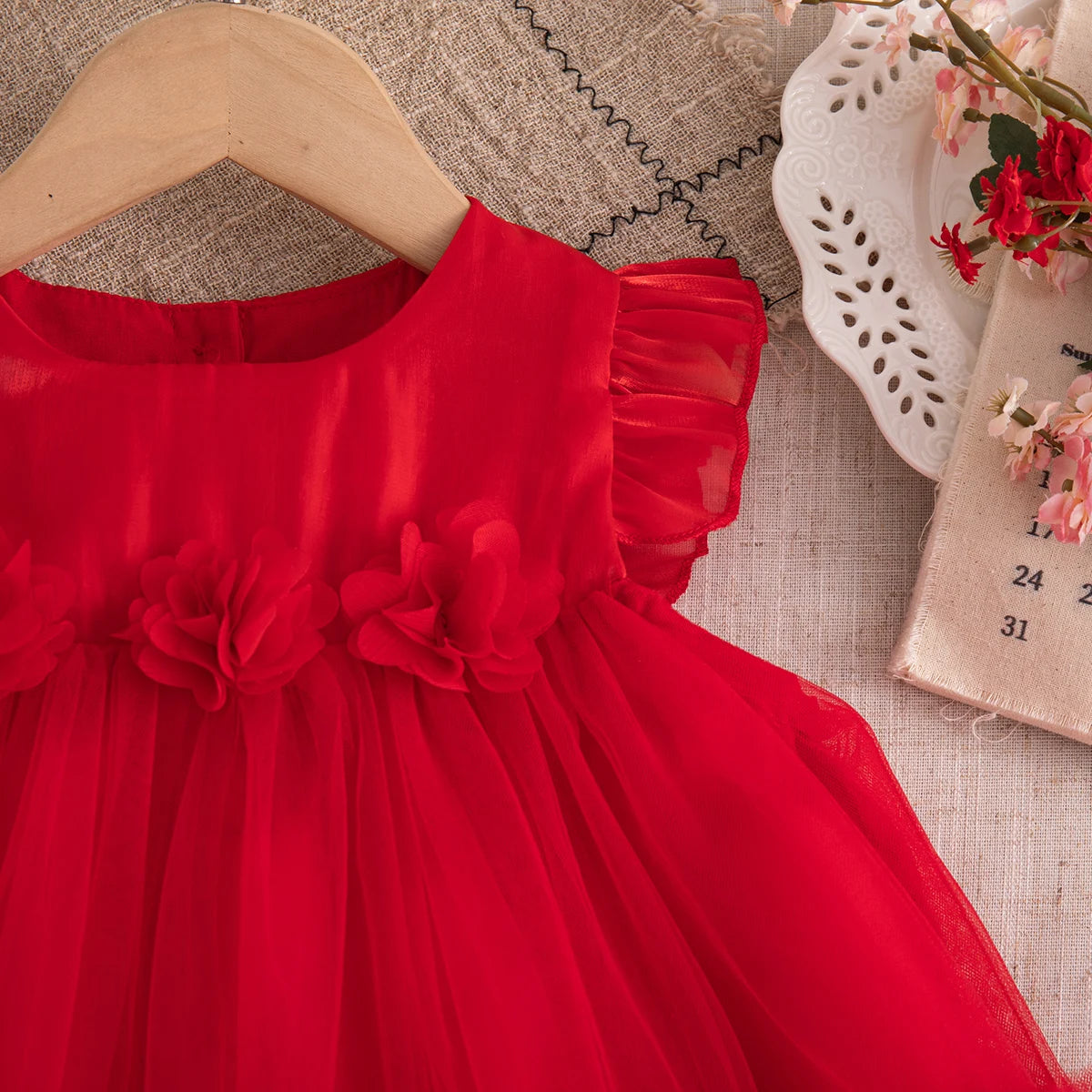 Korean Style Sweet Solid Color Baby Girl Dress Summer Fashion Flower Birthday Party Gift or Wedding Princess Fairy Toddler Dress