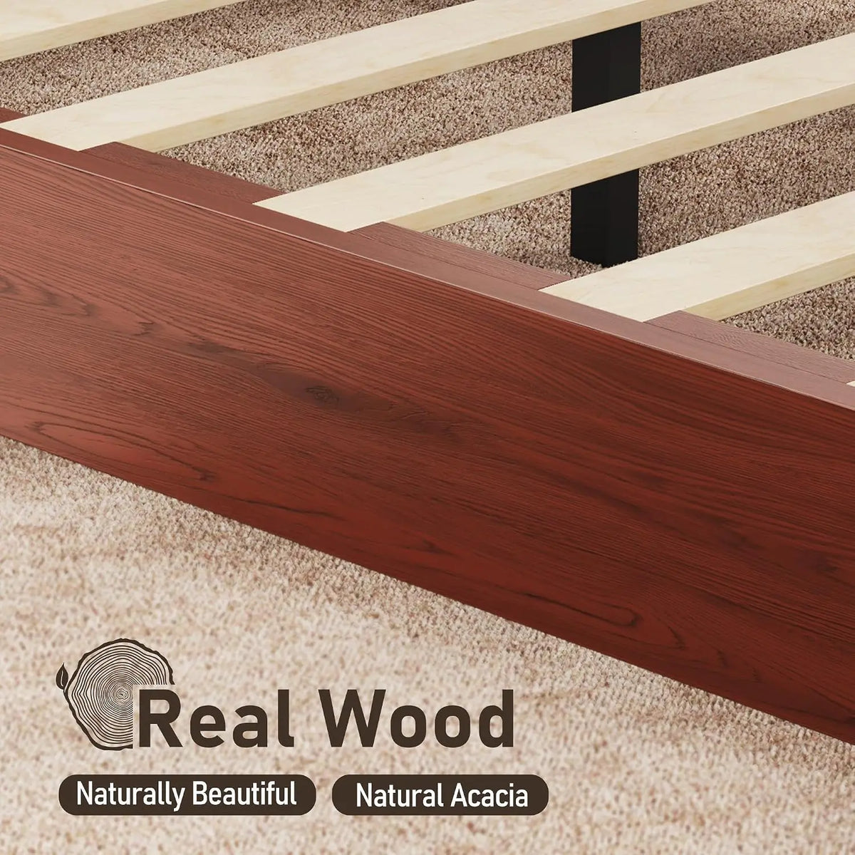 Solid Acacia Wood Queen Bed Frame with Headboard Cherry Finish, Customized
