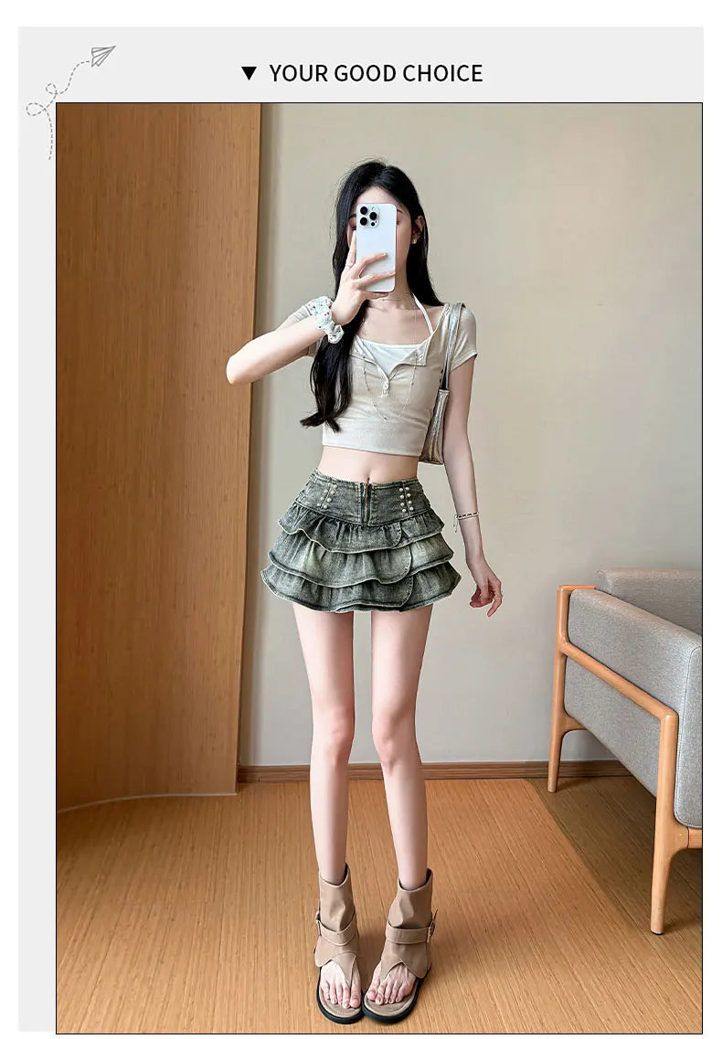 American Style Spicy Girl Design Elastic Denim Cake Short Skirt Women's Summer Pure Desire High Waist Slimming Pleated  S...