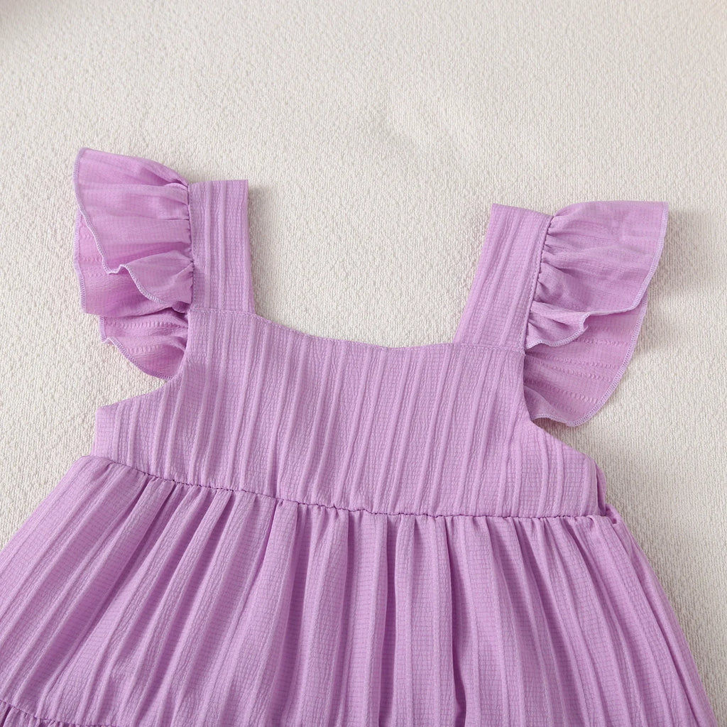 Girls Cake Princess Dress Solid Color Suspender Flying Sleeve Pink Dress Casual Kids Clothes Fashion Summer Wear
