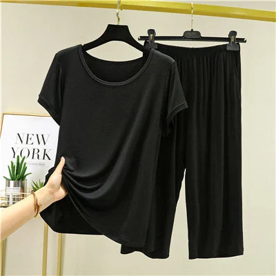 Summer Lightweight Modal Sleepwear Casual Loose Short Sleeve T-Shirt Women's Seven-Piece Pants Outdoor Large Size Leisure Set