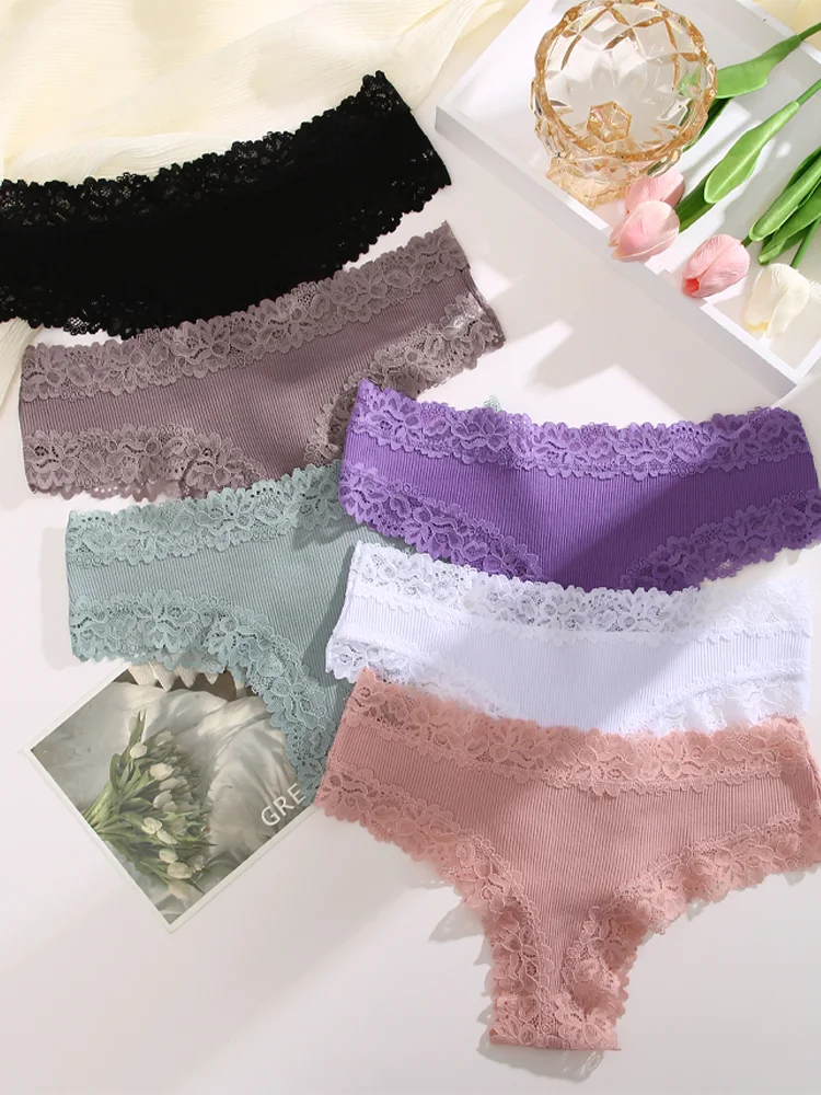 3Pcs/Set Women'S Cotton Panties Floral Lace Intimate Underwear Trendy Patchwork Lace Briefs Female Soft Underpants Lingerie S-Xl