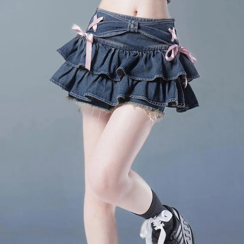 New Fashion Women Hot Girl Sweet Kawaii Bow Vintage Y2k Clothes American Streetwear Sexy Summer A-line Gothic Mini Denim Skirts