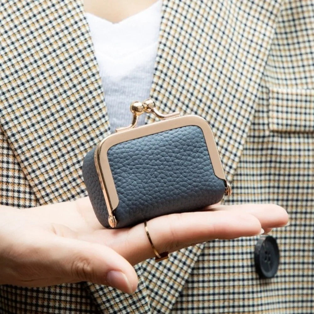 Wallet Genuine Leather Kiss Lock Coin Purse Solid Color Square Leather Jewelry Bag Multifunctional Mini Small Item Bag Earrings
