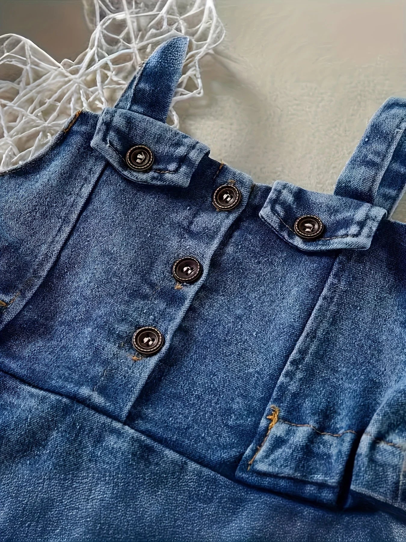 Baby Girls Denim Backless Romper Dress With Open Back And Square Collar Soft Cotton Blend