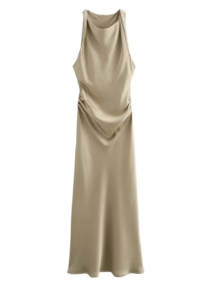 Satin Halter Midi Dress | Sleeveless Evening Party Dress