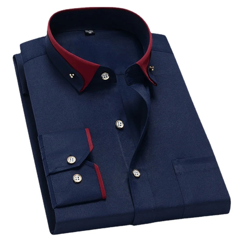 For Men'S Business Dress Shirts Male Formal Button-Down Social Collar Camisa Social Elastic Anti-Wrinkle Casual Men Shirt Pocket