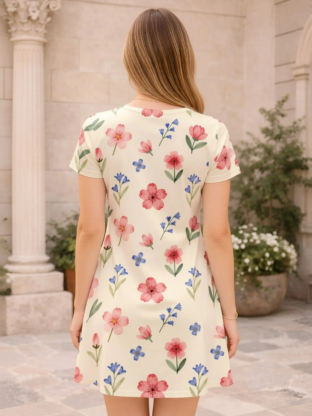 Casual Womens V Neck Short Sleeve Floral Print Dress Relaxed Fit Summer Mini Dress for Everyday Wear Holidays Travel and Parties