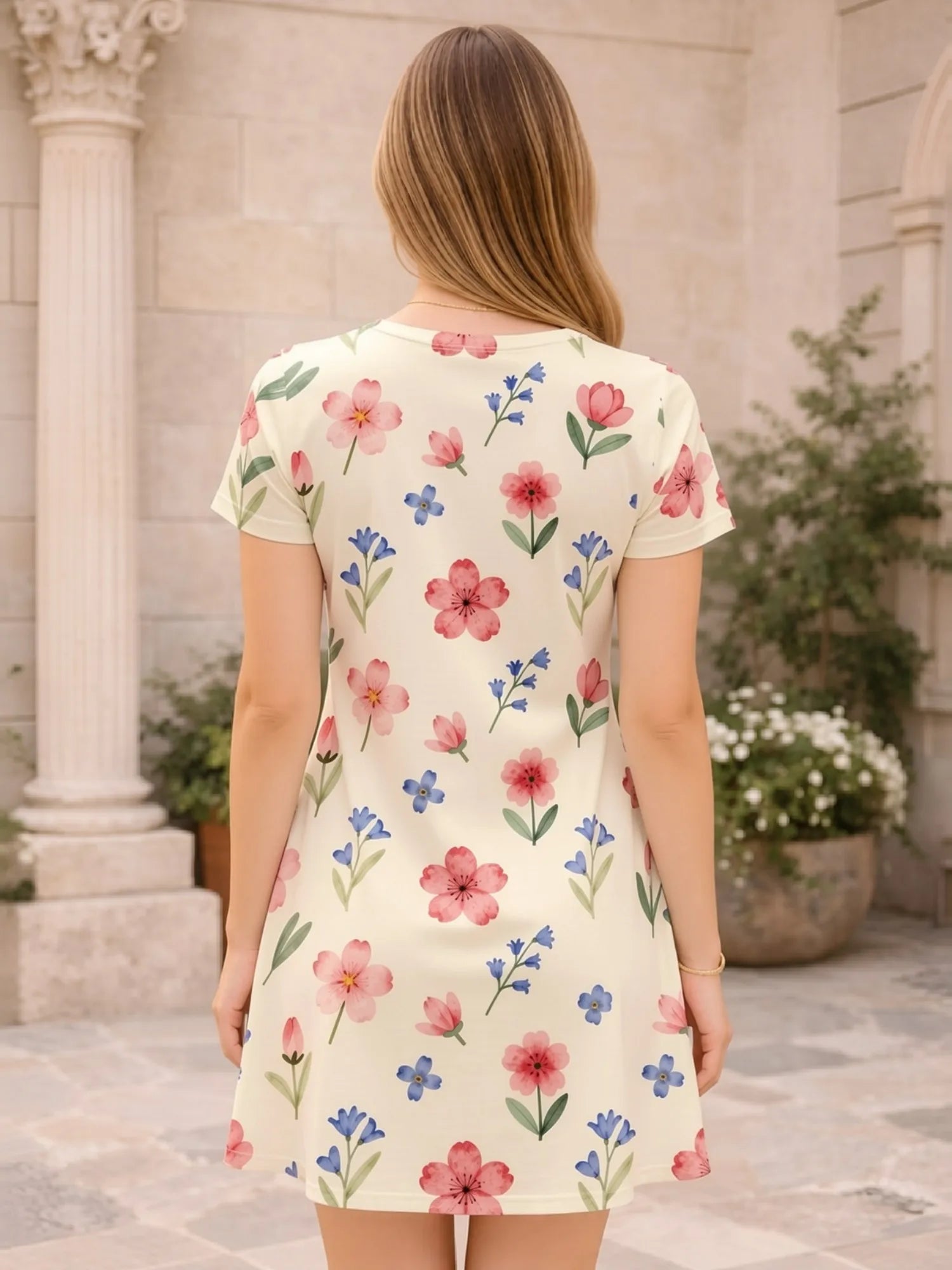 Casual Womens V Neck Short Sleeve Floral Print Dress Relaxed Fit Summer Mini Dress for Everyday Wear Holidays Travel and Parties