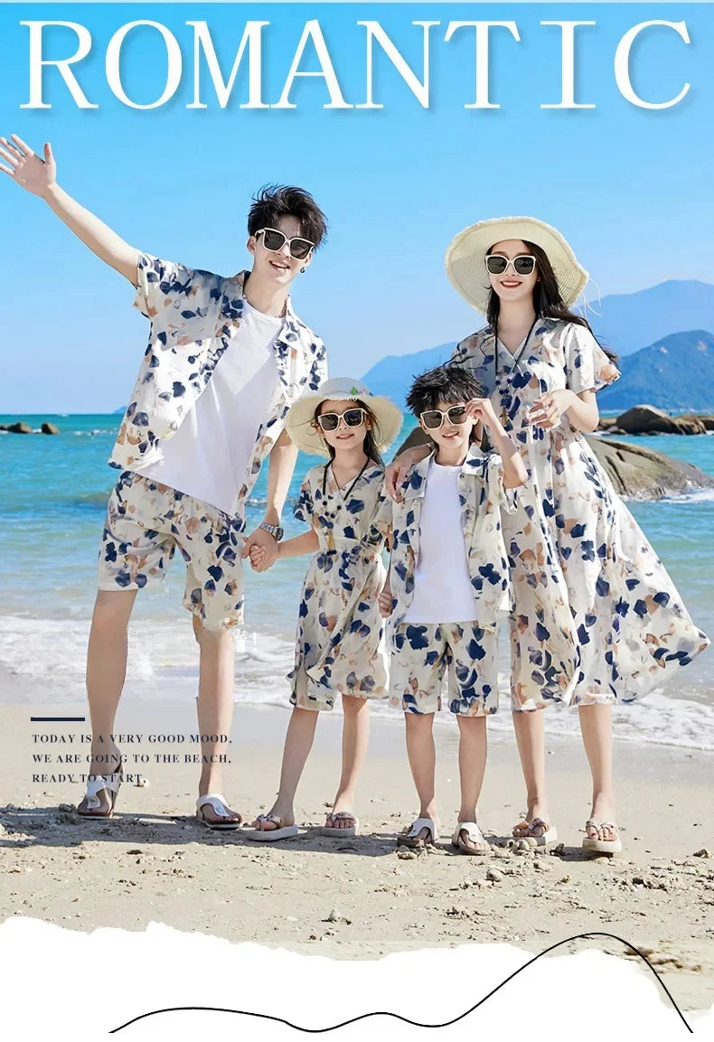 2025 Mom and Daughter Short Sleeve Dress Holiday Summer Family Vacation Look Clothes Dad and Son Shirts Two Piece Outfits Sets