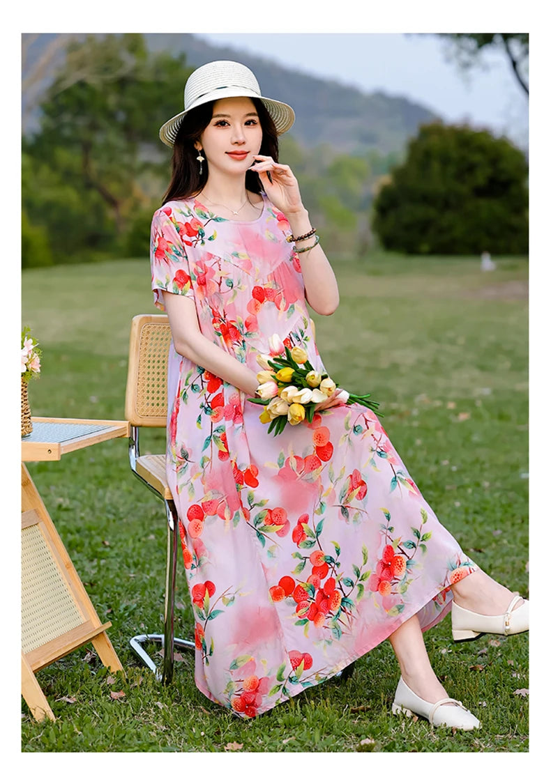 New Print plus size 2026 New Fashion Floral Printed Summer Dress Vestidos Elegant Short Sleeve Slim O-Neck Party Women clothing