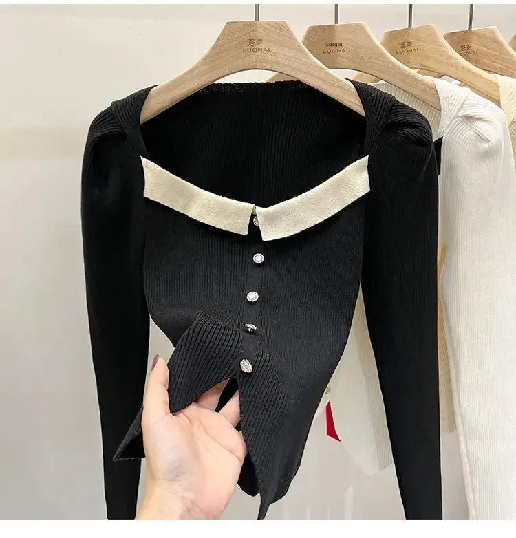 Women's Knitted Short Sweater Square Collar Base Shirt Color Collision Design Sensation Autumn Winter Special Edition Top
