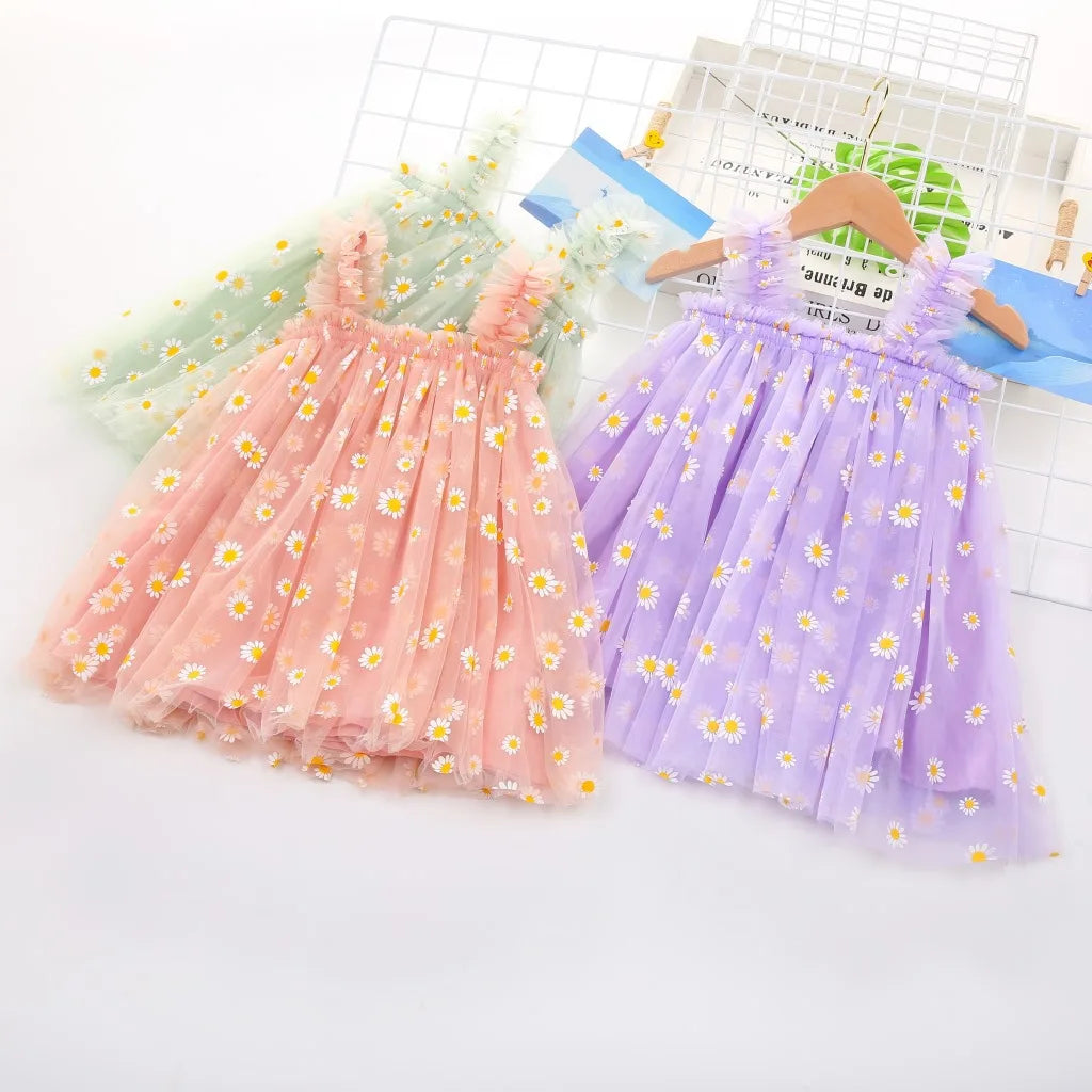 Toddler Girls Summer Sling Dress Sleeveless Daisy Print A-Line Tulle Princess Dress Kids Birthday Party Skirt Cute Baby Clothes