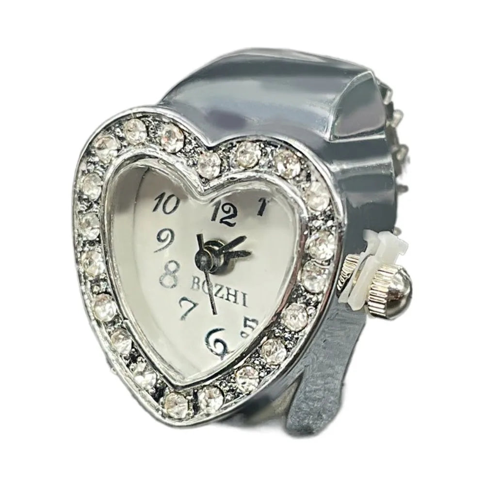 Finger Ring Watch For Couples Vintage Punk Heart Shape Quartz Clock With Adjustable Elastic Strap