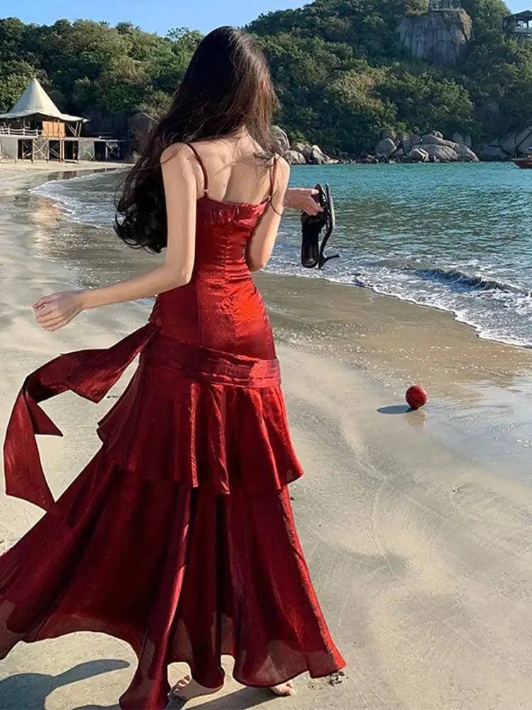 LGRQ 2026 Summer Blue Niche Strap Dress Fishtail Elegant Long Dresses Solid Color Female Elegant Party Gown 19DA2013