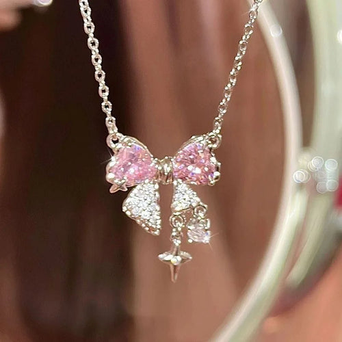 Bow Knot Jewelry Set Two Piece Necklace And Ring Set Crystal Pendant For Girls Fairy Pink Charm