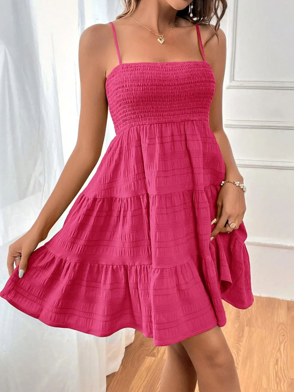 Women's Fashion Spaghetti Strap Smocked Bustier Mini Dress Blue Ruffled Tiered Swing Dress Summer Casual Vacation Beach Wear