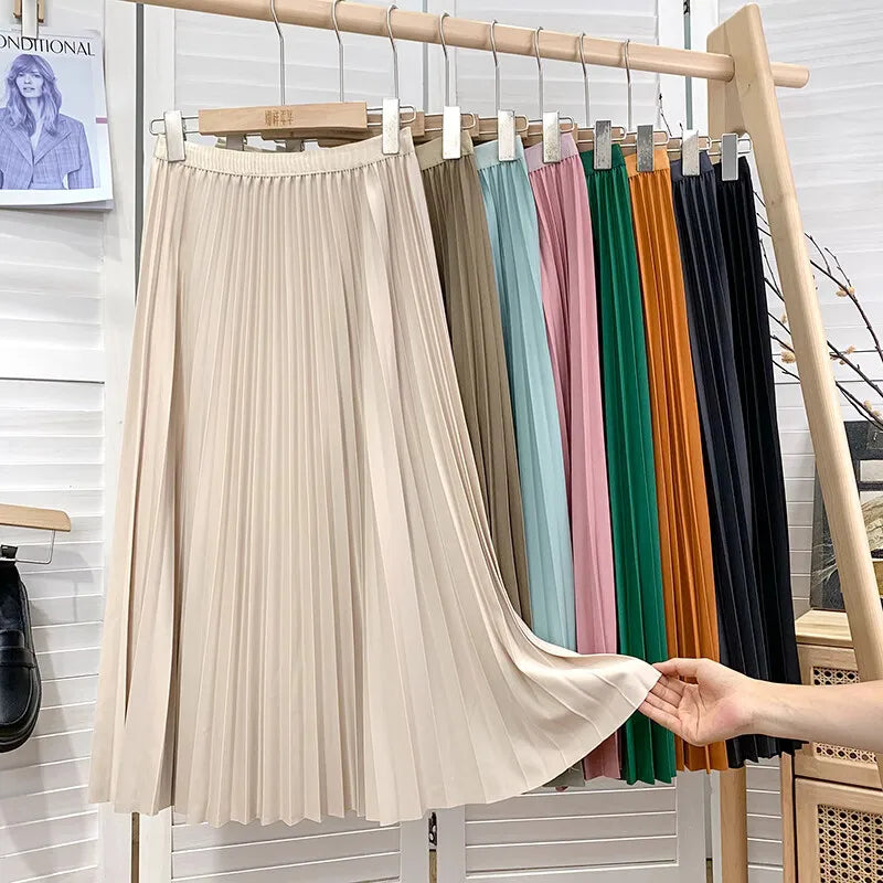 2026 Elegant High Waist Pleated Skirt for Women Mid-long Midi Skirt Female High Quality Black Saia