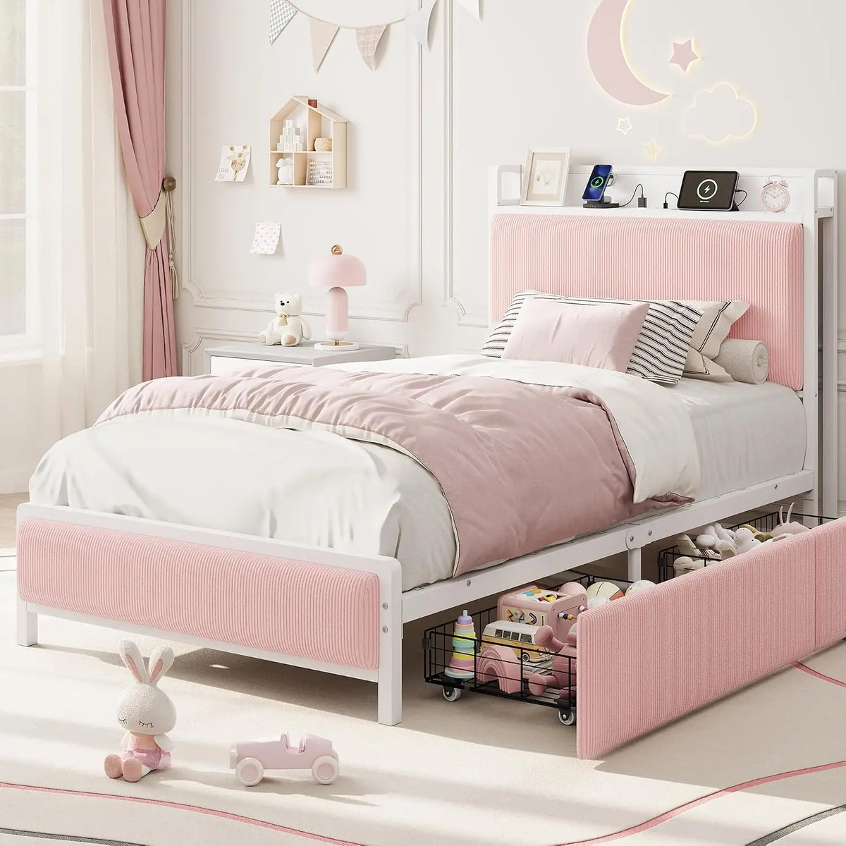 Twin/Twin XL Bed Frame With 2 Drawers, Charging Station, Corduroy Upholstered Shelf Headboard, Underbed Storage, No Box Spring