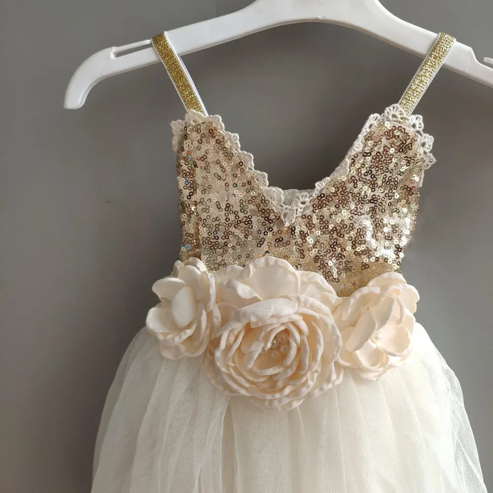New Born Baby Girls Birthday Dress for Kids Xmas Toddle Party Gown Gold Sequined Layered Tutu Dress Children New Year Clothing