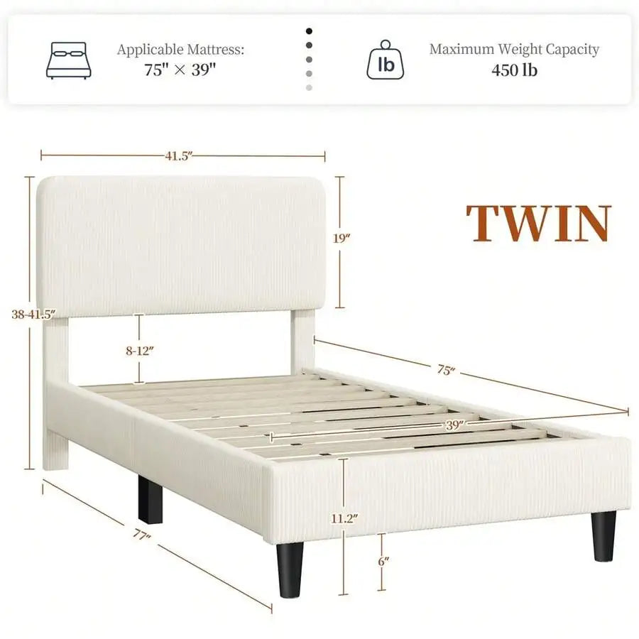1PC Twin/Full/King Bed Frame With Adjustable Headboard, Mattress Foundation With Wooden Slat Support, Chenille Fabric Upholstered Headboard