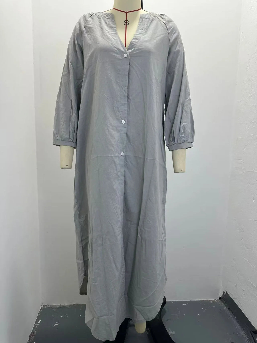 Women V Neck Lantern Long Sleeve Linen Maxi Dress Button Front Loose Casual Vacation Ladies Long Dress
