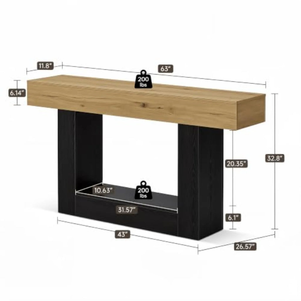 63" Console Table, 2-Tier Entryway/Sofa Table, U-Shaped Base, Brown | Storage Shelf for Baskets & Books; Scratch &