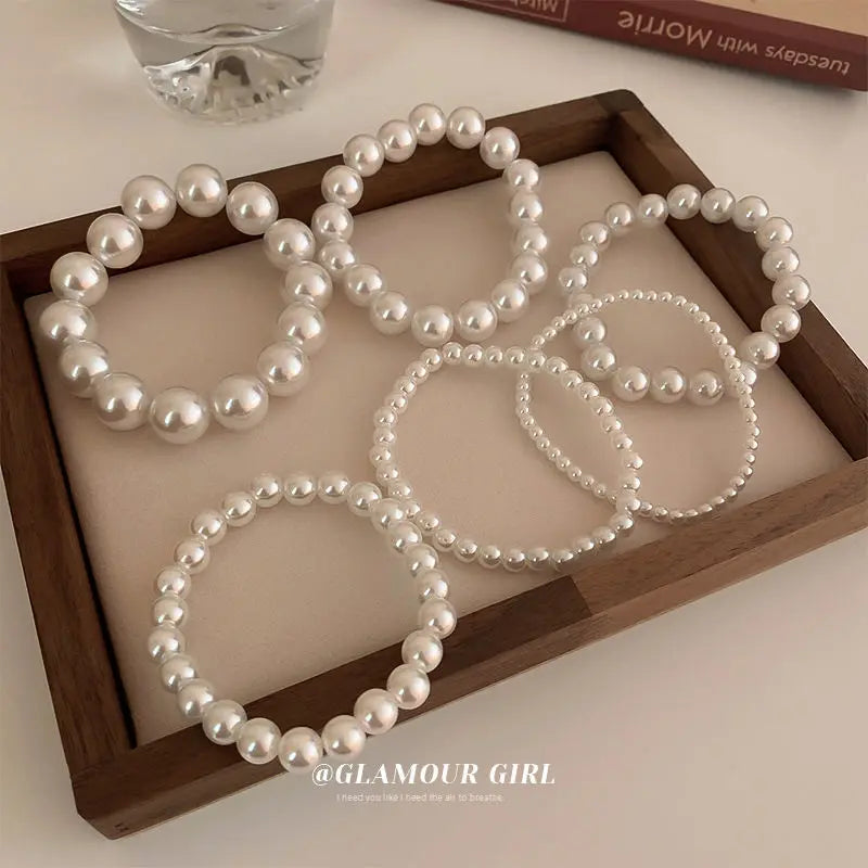 French Luxury Faux Pearl Beaded Elastic Bracelet for Women