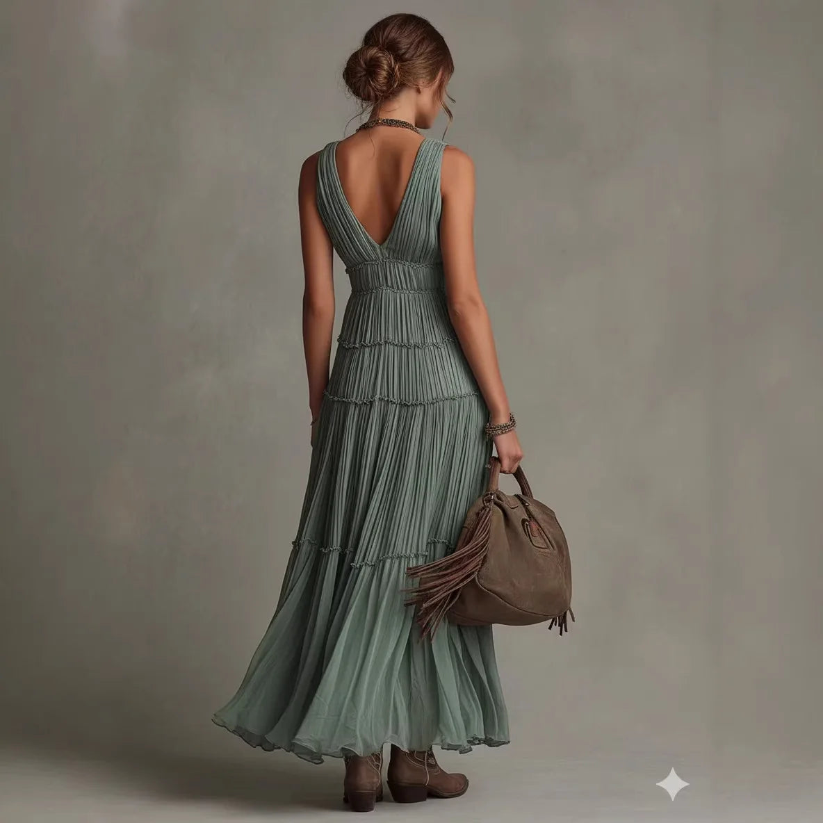 Elegant Summer Dress round Neck Sleeveless Loose Drapey Midi A-Line Skirt Elegant Dress Pleated Skirt Polyester Fabric