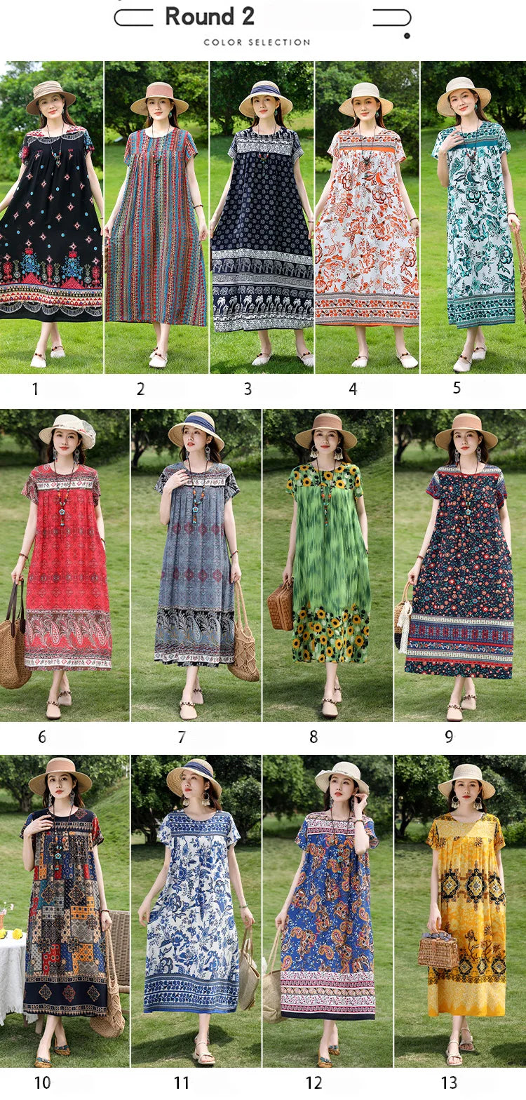 New Fashion Casual 2025 Summer Elegant Dresses For Women O-Neck Print Vintage Short Sleeve Dress Loose Women Clothing