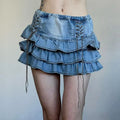 Vintage Lace Up Denim Skirts Women Y2K American Mid Waist All Match Mini Skirts Summer Streetwear Casual Pleated Jeans Skirts