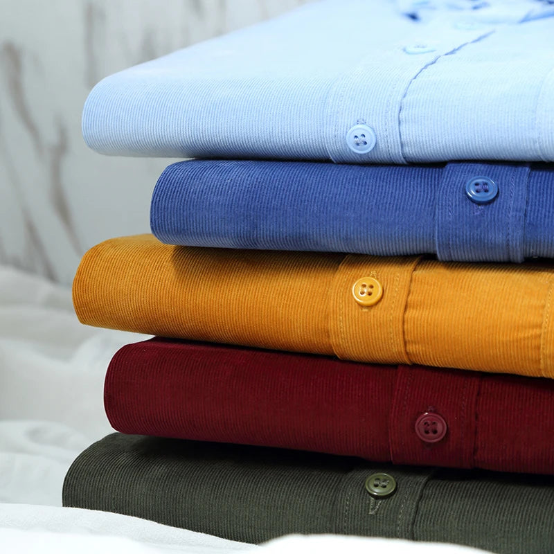 Autumn Winter Men Long Sleeve Regular Fit Business Solid Corduroy100% Cotton Casual Shirt For Mens Office Shirts With Pocket
