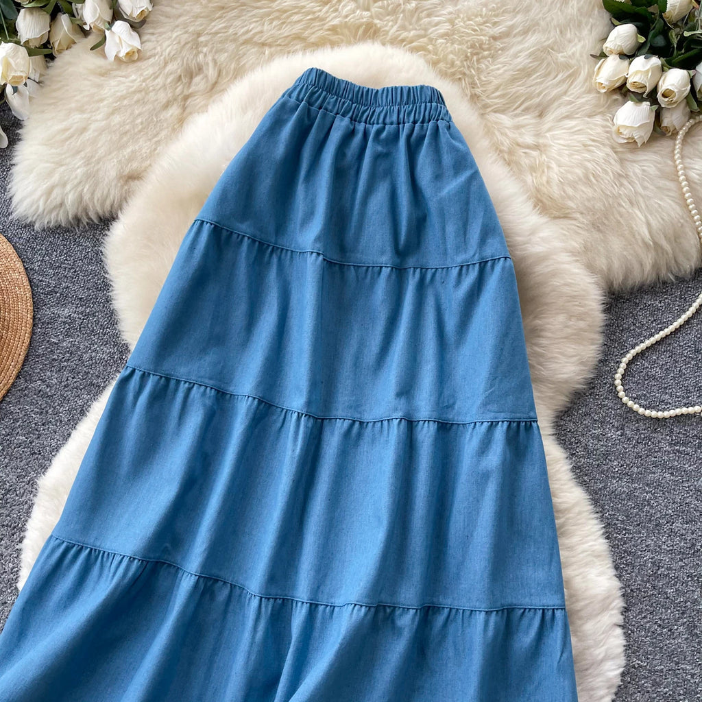 Korean Style A-Line  Skirt Women's Summer Slimming Elastic Waist Denim Patchwork Skirts City Commute Universal Long Skirts