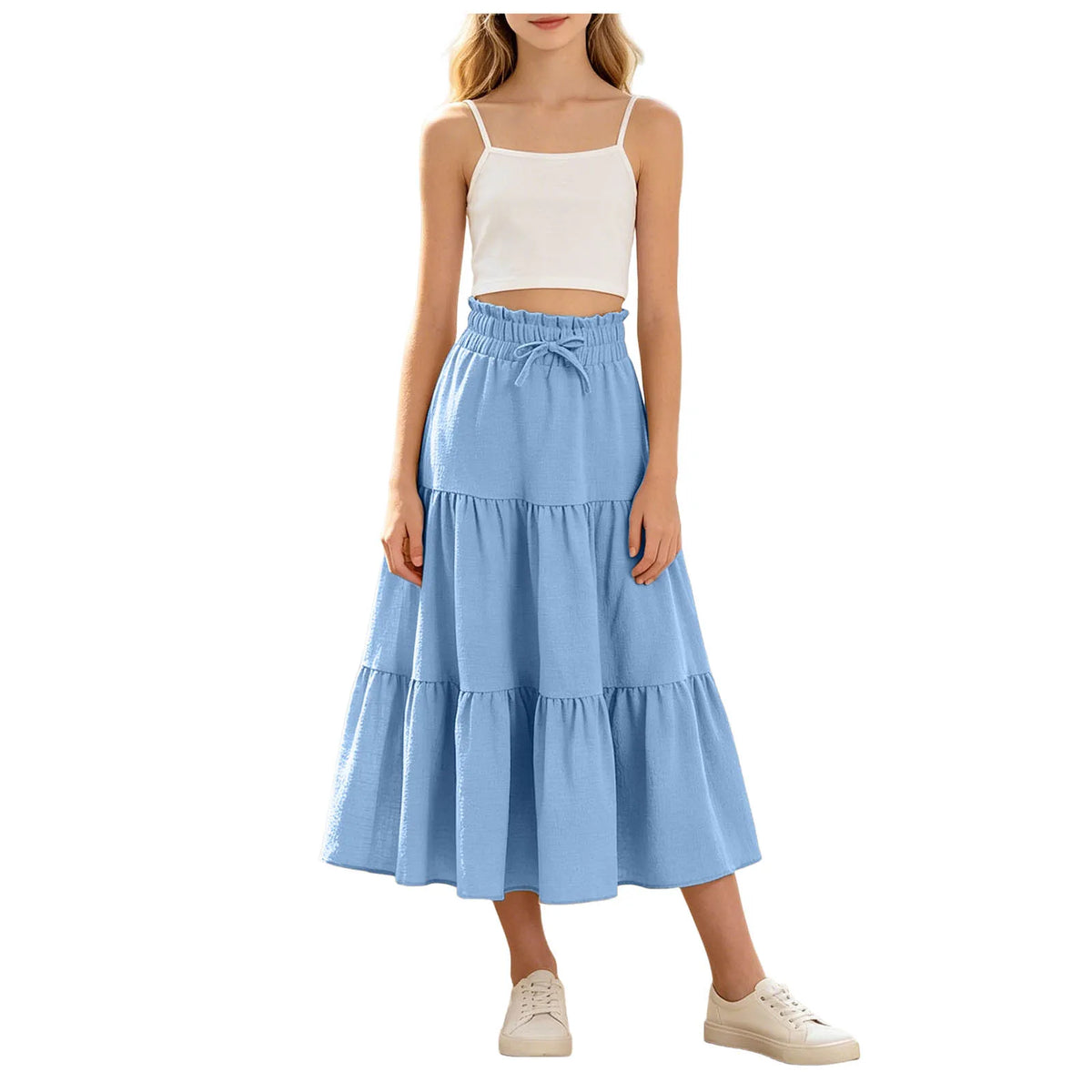 Kids Girls Boho Pleated Long Skirt Summer Solid Elastic Waist Lightweight Large Swing Skirt Casual Beach Holiday Vacation