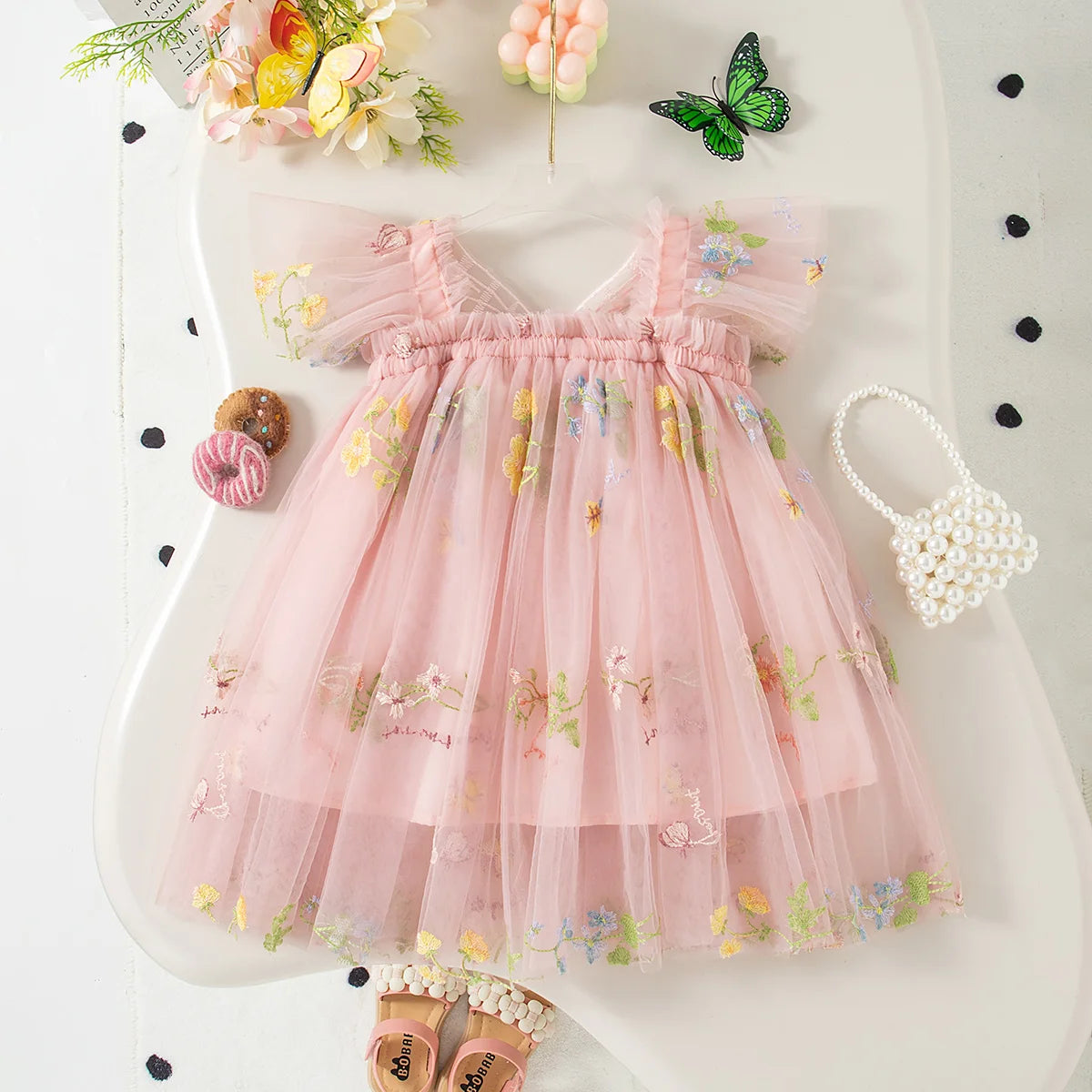 Floral Mesh Ball Gown Dress For Baby Girls Princess Style With Full Skirt And Floral Applique