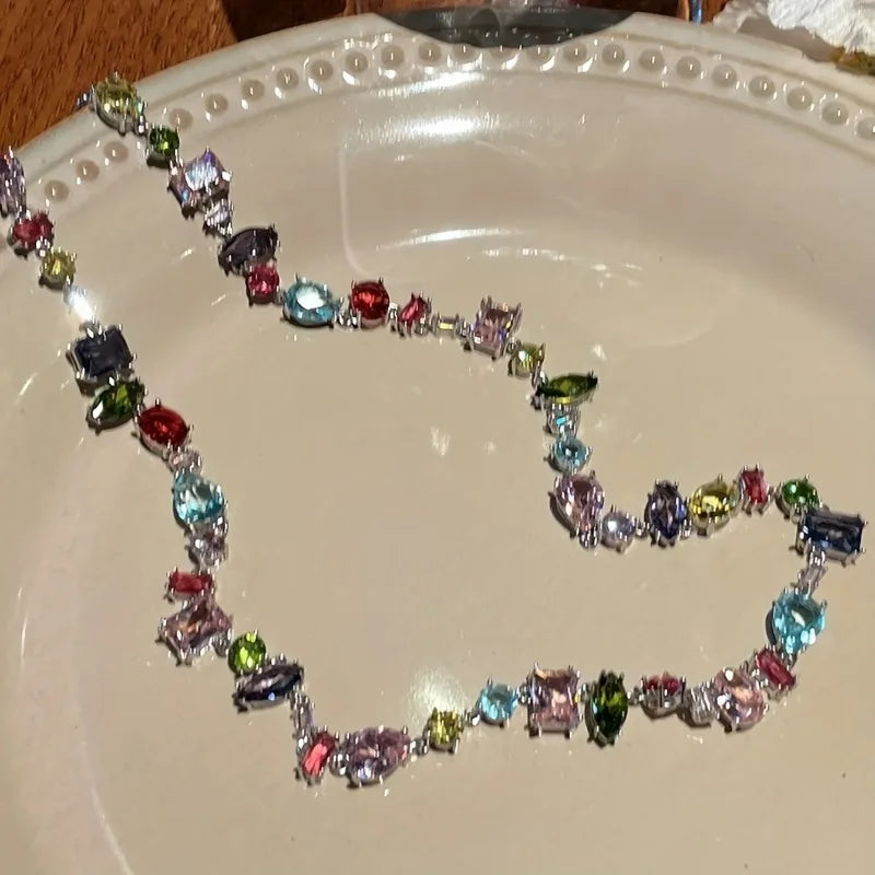 Luxury Colorful Cubic Zirconia Crystal Necklace for Women Bead Chain Elegant Clavicle Chain Wedding Party Jewelry Choker Gifts