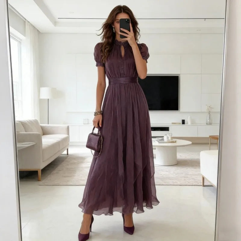 Elegant Chiffon Lace Trim Midi Dress Stand Collar Neck Puff Sleeve Cinched Waist Draped A Line Flowy Women's Casual Dresses