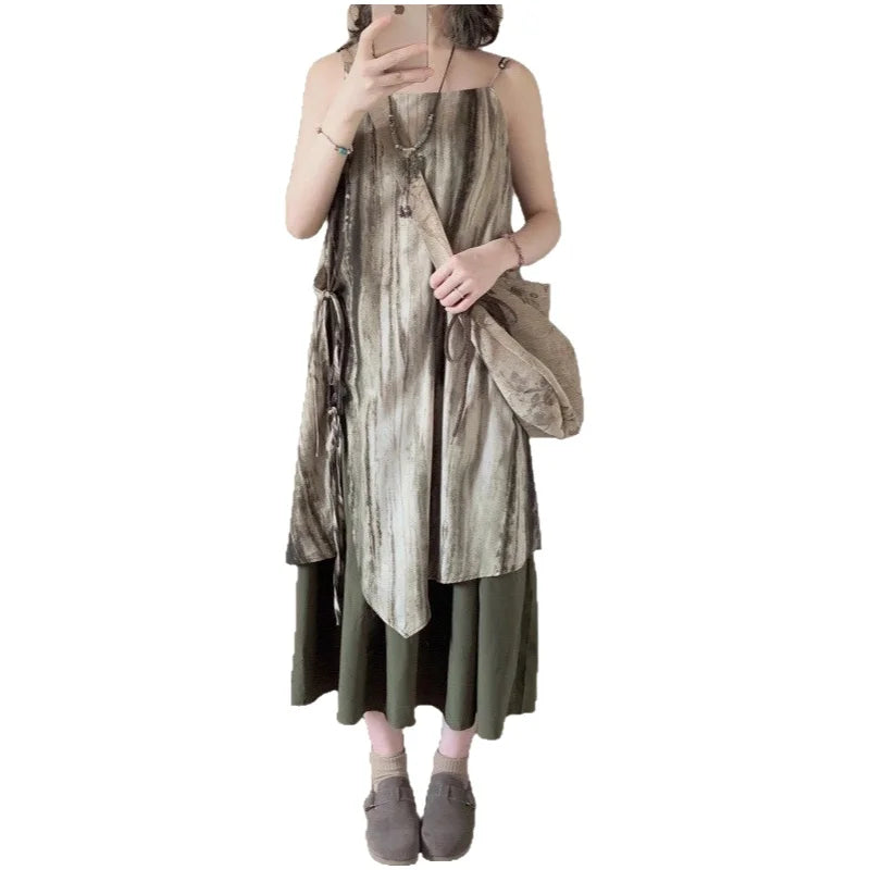 New Chinese Style Retro Dyed Halter Dress Summer Spring New Arrival Vacation Travel Small Size Long Dress Women Loose