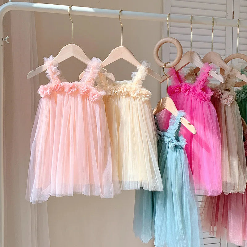 Kids Sweet Mesh Dress 1-6T Summer Children Mesh Tulle Princess Slip Tutu Dresses Girls 6 Colors 3D Flower Mermaid Birthday Dress