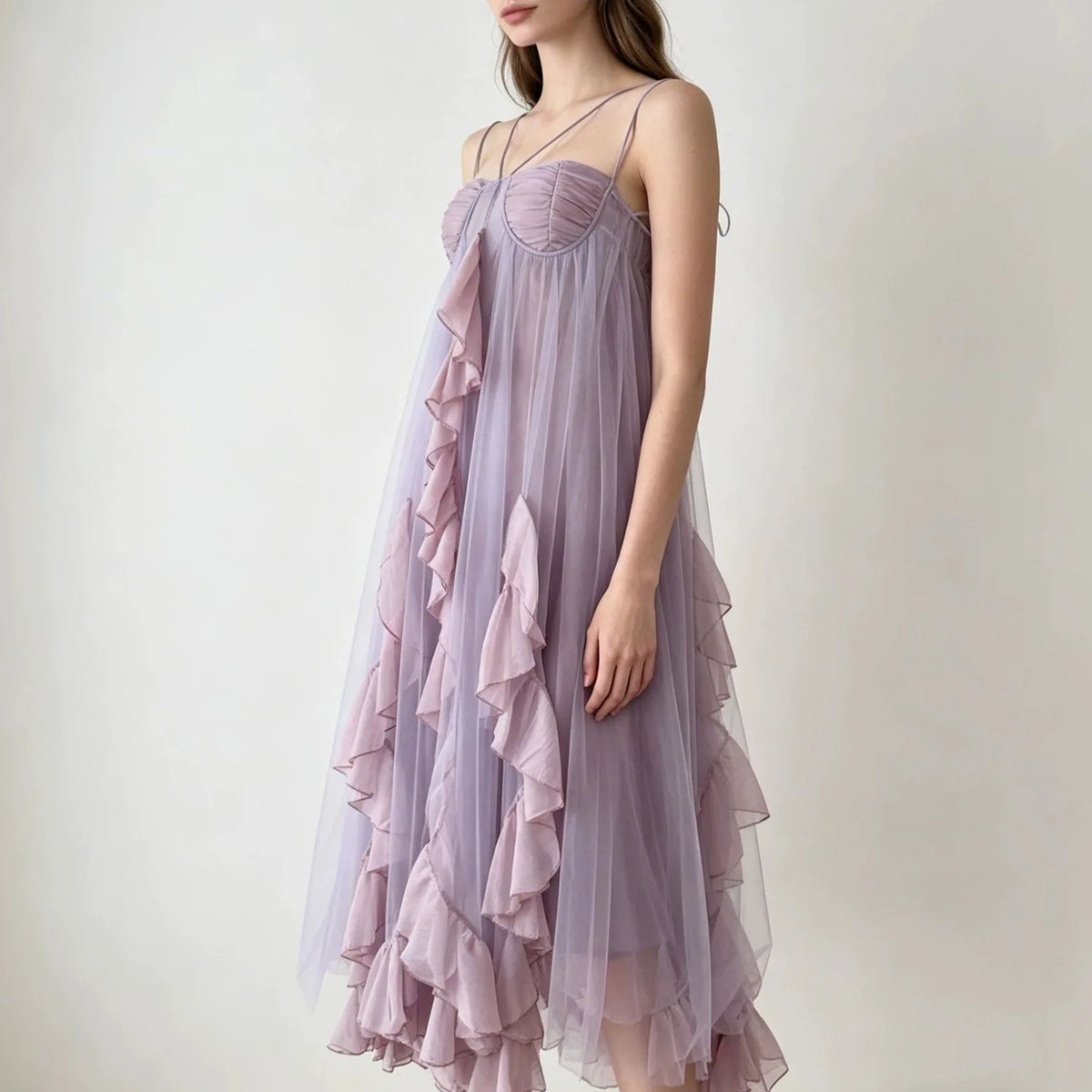 2026 Summer Women Beach Style Midi Dress Spaghetti Strap Backless Layered Ruffles Dress Travel Holiday Feminine Romantic Dresses