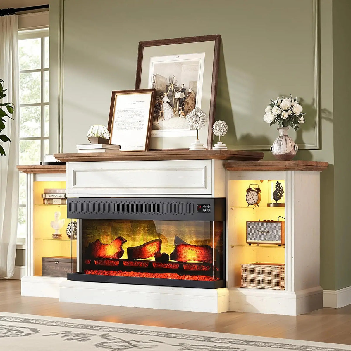 Farmhouse 70" Fireplace TV Stand with 36" Electric Fireplace | 3-Sided Electric Fireplace, Media Entertainment, Customized