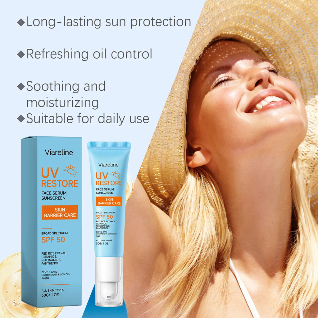 Face Sunscreen SPF 50 Niacinamide Ceramide Non Greasy Broad Spectrum Skin Barrier Protection All Skin Types Lightweight UV Serum