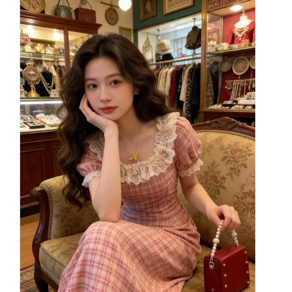 Pink Lace Bubble Sleeve Dress Women's Summer Gentle Style Ultra Beautiful Plaid Slimming Long Dress High Waist A-Line Skirt