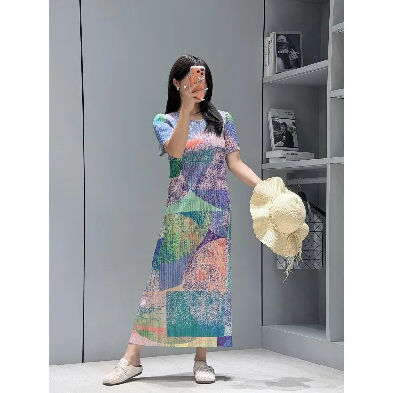 Miyake Pleated Dresses 2026 Summer New Fashion Printed Round Neck Short Sleeve Elegant Women's Draped Elastic Wrinkle-Free Dress