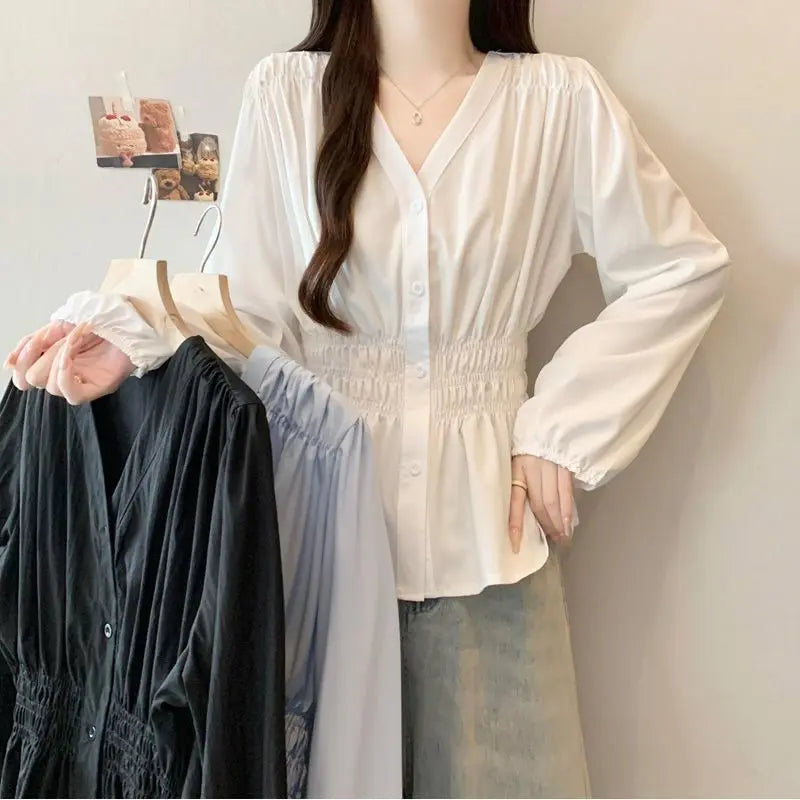 200 Pounds Plus Size Elastic Waist Office Lady Trend Shirt And Blouse Solid Color Top Women Clothing V-neck French Chic Basics