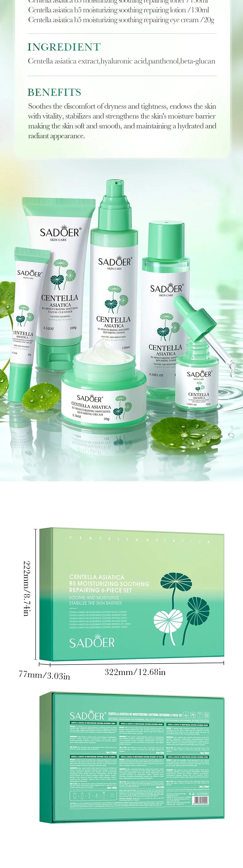 Centella asiatica Moisturizing Anti-Wrinkle Skincare Set - Firming, Lifting Hydrating Face Kit for All Skin Types Skin care