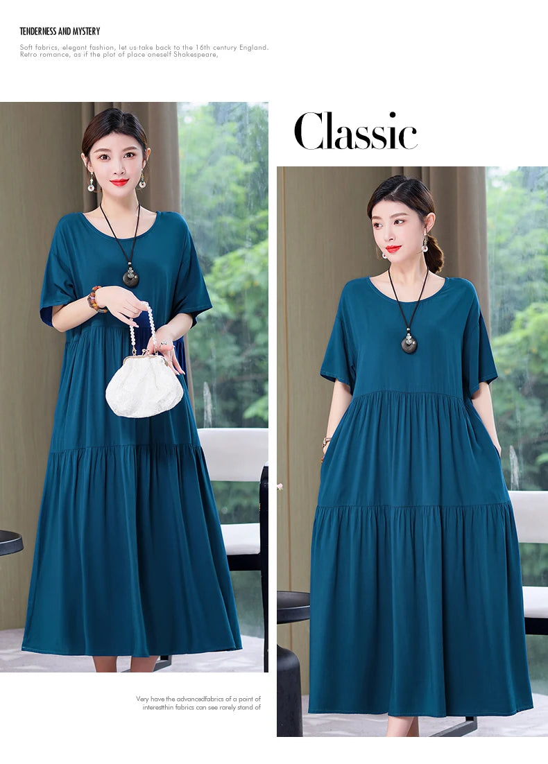 New Fashion 2023 Causal Summer Dresses For Women Loose Solid Long O-neck Dress Vintage Short Sleeve Womens Clothing
