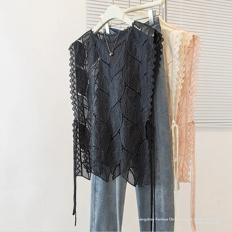 French Elegant Sleeveless Lace Hollow out Top Women's Summer New Design Asymmetrical Outerwear Vest Cover up Polyester Fabric