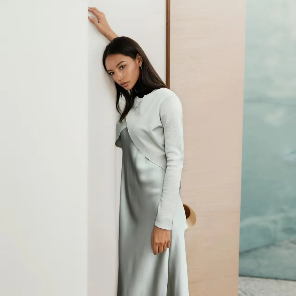 Silk Satin Maxi Dress & Knit Top Set
